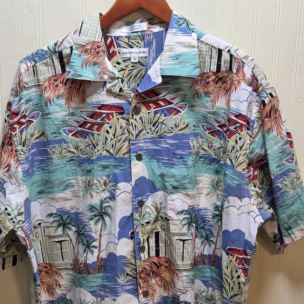 Pierre Cardin Shirt Mens XL Multicolor Hawaiian Short Sleeve Button Up Casual